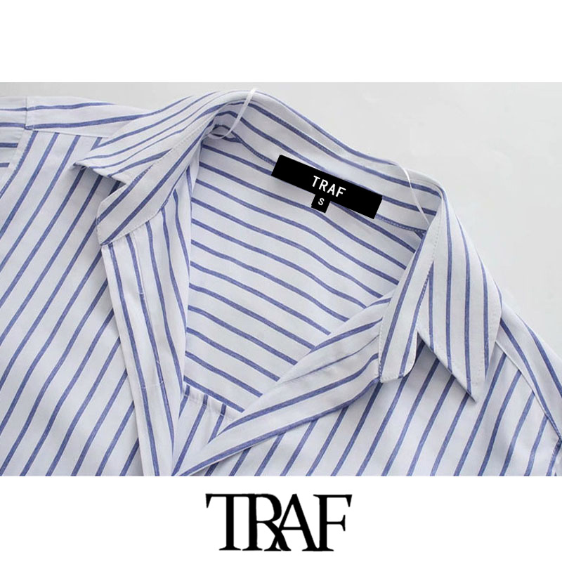 TRAF Women Fashion Office Wear Striped Loose Blouses Vintage Long Sleeve Pockets Female Shirts Chic Tops 210401