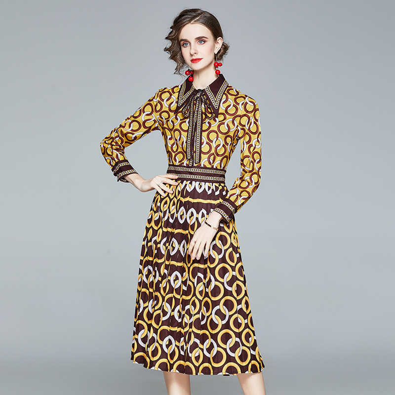 Fashion Elegant Yellow Women Shirt Dress Autumn Slim Female Vintage Long Sleeve Turn-Down Collar Print Party Dresses Vestidos 210525