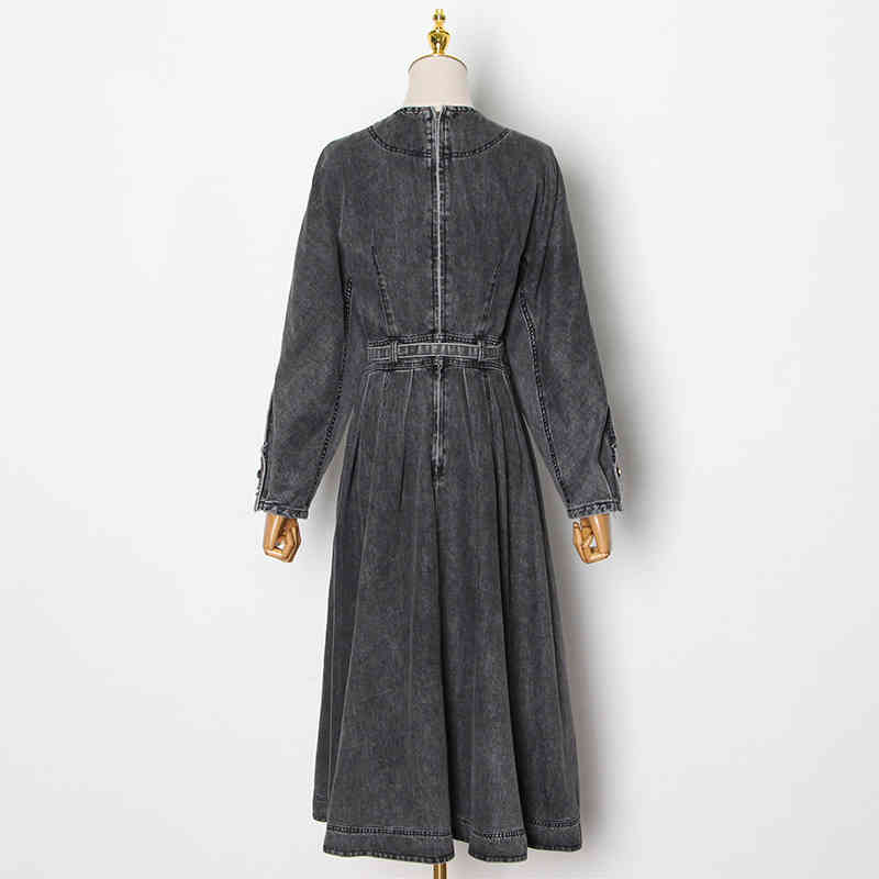 TWOTWINSTYLE Denim Solid Dress For Women O Neck Long Sleeve High Waist Lace Up Bowknot Elegant Dresses Female Fashion Style 210517