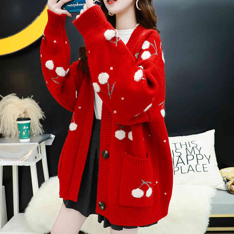 Fruit Cherry Embroidery Knitted Cardigan Autumn V Neck Oversize Woman Sweater Jacket Winter Warm Knitwear 210429