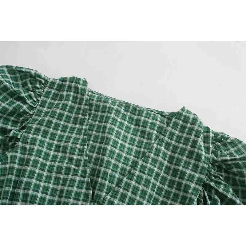 vintage green v neck women short blouses summer fashion lantern sleeve ladies shirts casual plaid female blouse 210430