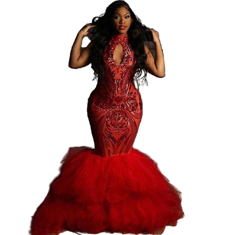 Sexy Keyhole Red Mermaid Evening Dresses 2022 Aso Ebi African Sparkly Sequins Prom Formal Party Gowns Floor Length Sleeveless High Neck Special Occasi