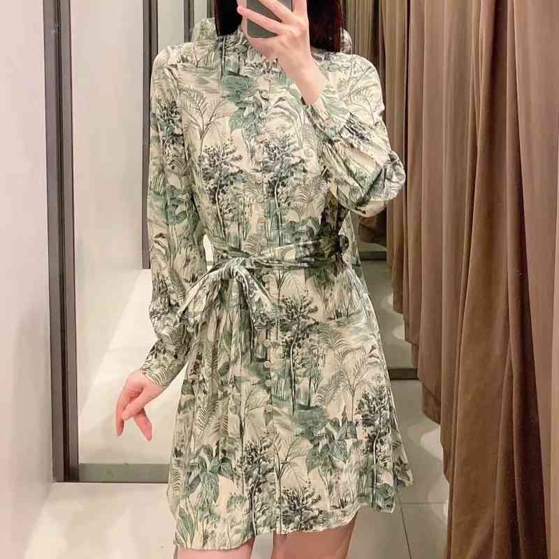 Women Landscape Painting Print Sashes Green Mini Shirt Dress Female Long Sleeve Clothes Casual Lady Loose Vestido D7732 210430