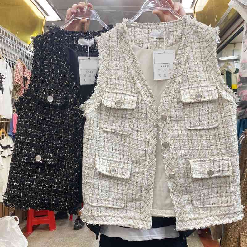 Autumn Women Tassel Tweed Vest Sleeveless Jacket Fashion Pocket V-Neck Coat Lady Loose Vests 210520