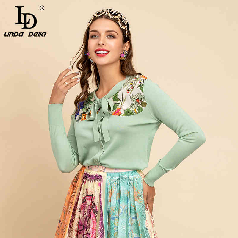 Women Spring Fashion Runway Cardigan Sweaters Long Sleeve Bow Solid Printed Ladies Knitting Slim Tops 210522