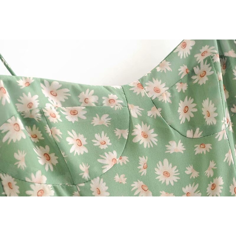 French Summer Green Flower Print Bandage Spaghetti Strap Slit Long Dress Retro Sexy Women Lacing Up Sling Dresses Vestido 210429