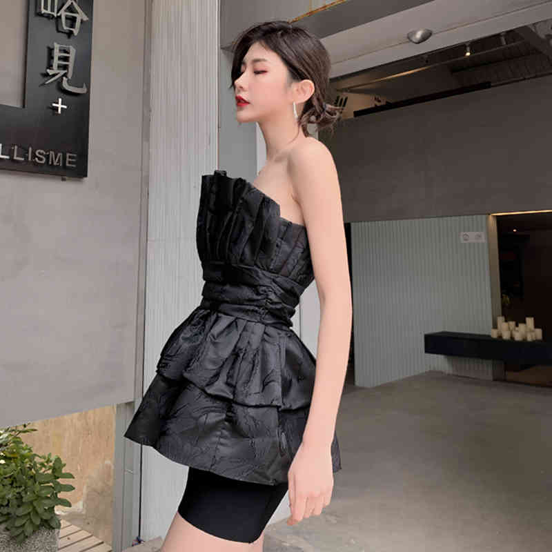 VGH Black Sexy Two Piece Set For Women Strapless Sleeveless Shirt High Waist Bodycon Skirts Female Sets Fashion New clothes 210421