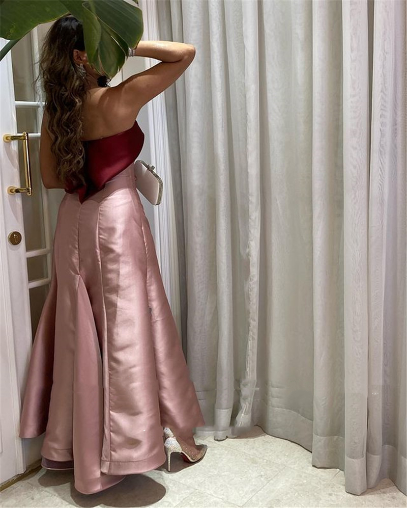 Elegant Blush Pink And Burgundy Satin Long Evening Dresses Ankle Length Strapless Simple Prom Dress Saudi Arabic Women A Line Formal Party Gowns