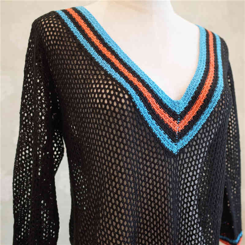 V neck Crochet Beach Dress Cover up Sarong Kaftan Tunic Plage Bathing suit cover s Pareo Bikini #Q786 210420