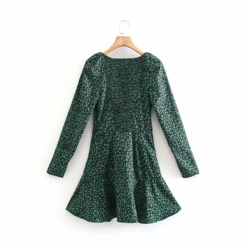 Women Green Flower Print Square Collar Slim Mini Dress Female Long Sleeve Clothes Casual Lady Vestido D7607 210430