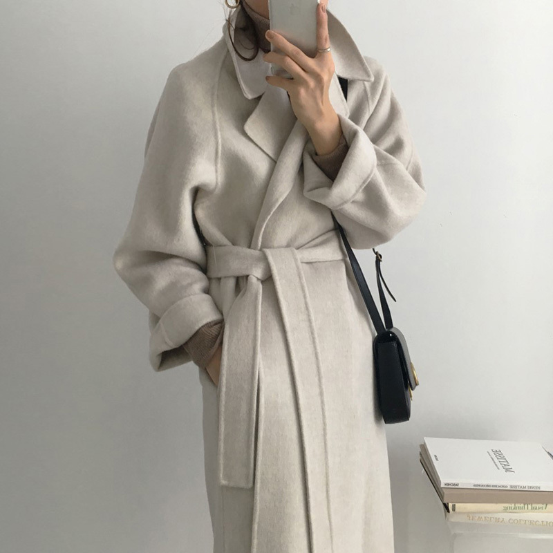Women Elegant Long Wool Coat With Belt Solid Color Sleeve Chic Outerwear Ladies Overcoat Autumn Winter 210515