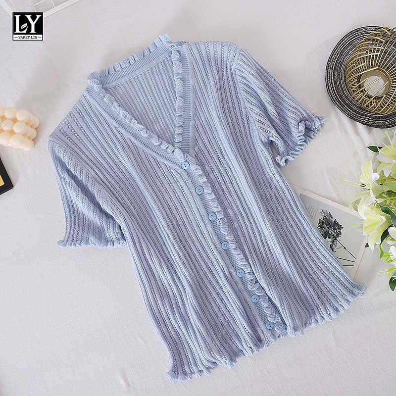 LY VAREY LIN Summer Women Fashion Edible Tree Fungus Short Sleeve Slim Tops Casual V-neck Single Breasted High Waist 210526