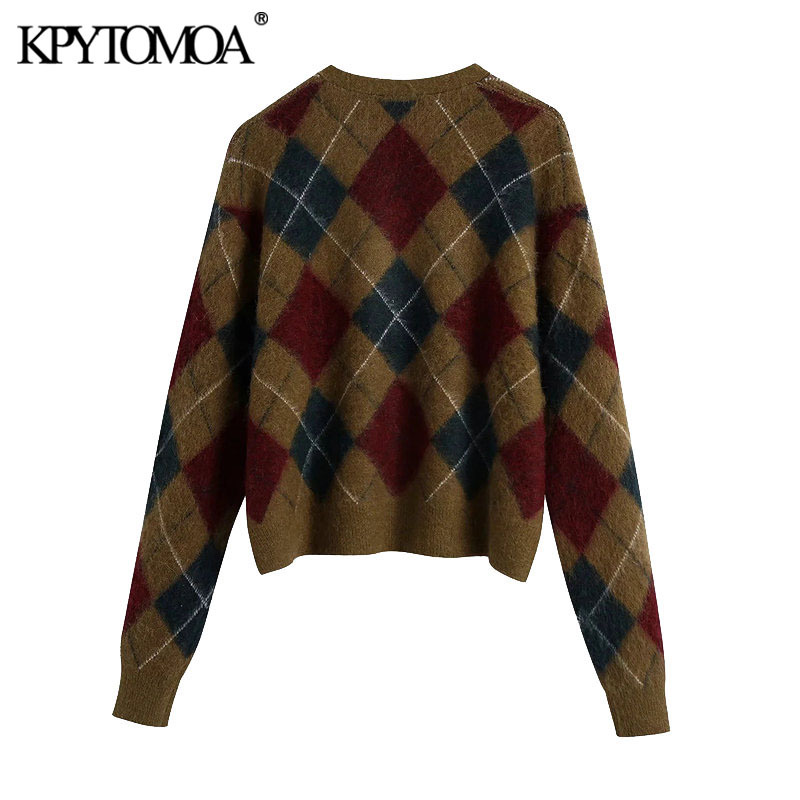 Women Fashion With Ribbed Trims Argyle Cardigan Sweater Long Sleeve Button-up Female Outerwear Chic Tops 210420