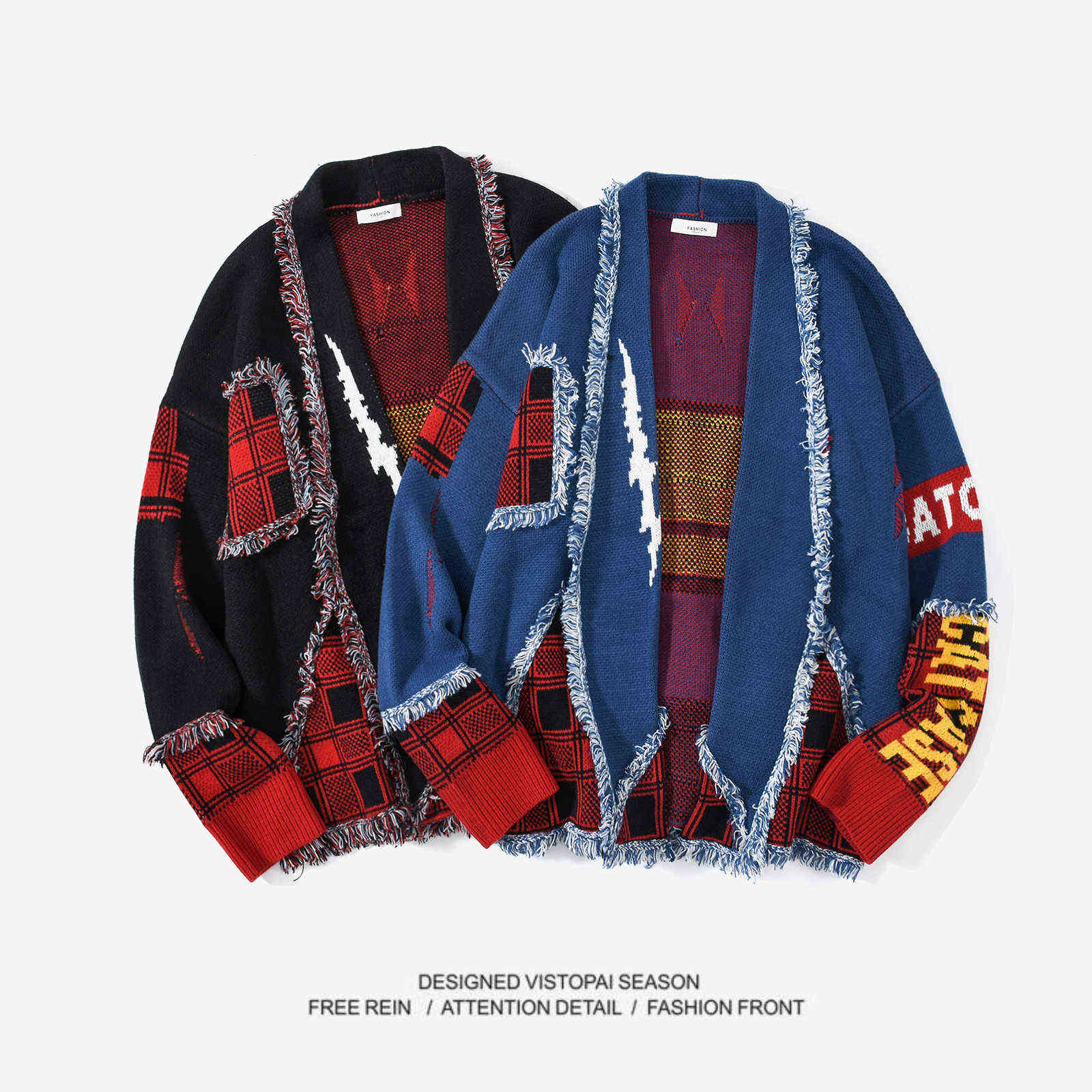 Hip Hop Colorblock Tassel Cardigan Sweater Harajuku Streetwear Patch Cardigans Outwear Men Raw Edges Plaid Knitted Sweaters 211102