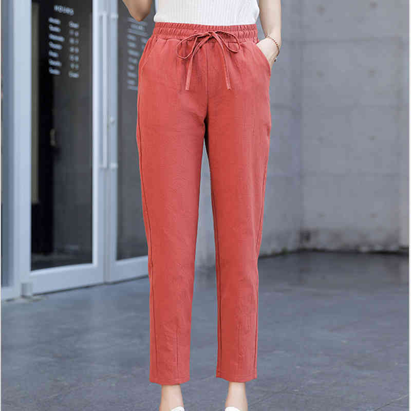 Spring Summer Thin Cotton Linen Trousers Pencil Pants Women Casual Elastic High Waist Pants Female Pantalon Femme 10067 210518