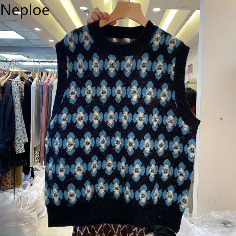 Neploe Korean Fashion Sweater Vest Ropa Mujer Vintage Floral Plaid Knitted Pullovers Tops O-neck Seeveless Loose Jumper Tank 210422