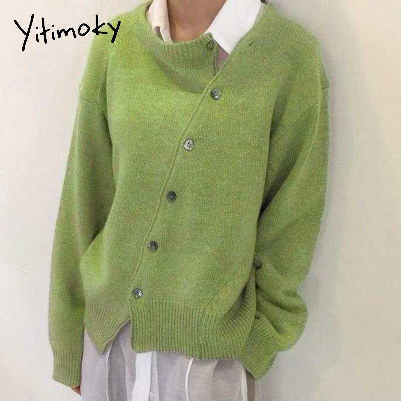 Yitimoky Khaki Cardigan for Women Sweater Irregular Knitted Oblique Single Breasted Fall Clothes Grey Casual Fashion 210914