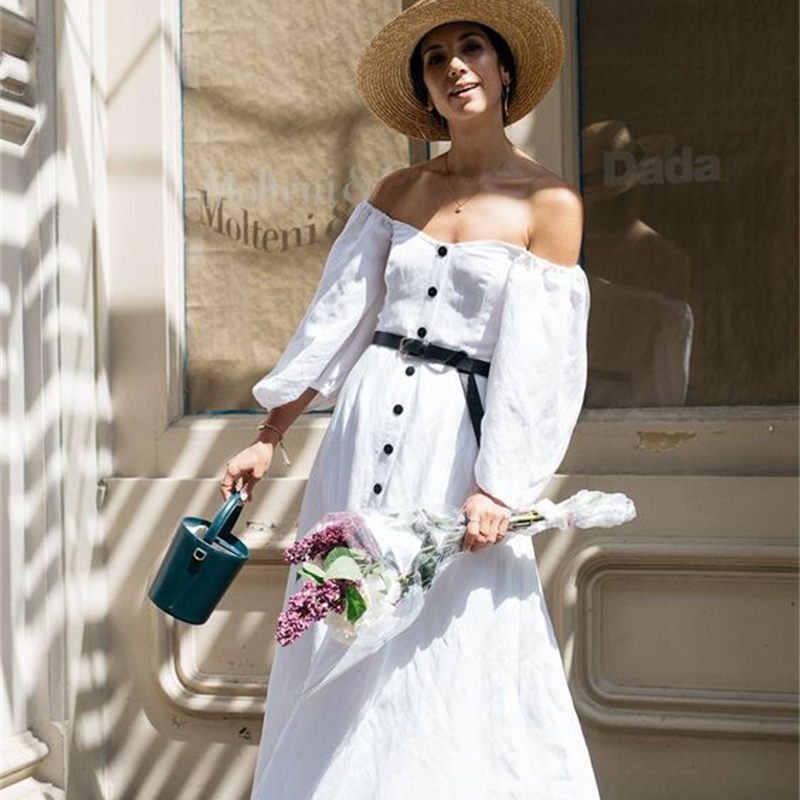 Women Dress Slash Neck Off Shoulder Maxi Temperament White Ladies es High Waist Single Breasted Long es 210513