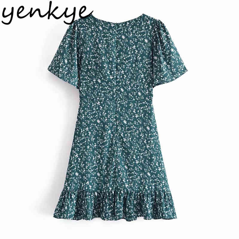 Vintage Green Floral Print Dress Women O Neck Short Sleeve A-line Holiday Summer Chiffon Ruffle Vestido 210430