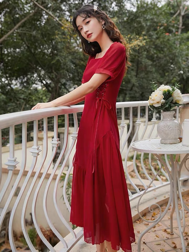 red dress women straw string square collar lace up puff sleeve A-line Lolita midi chic summer robe femme vestidos 210421