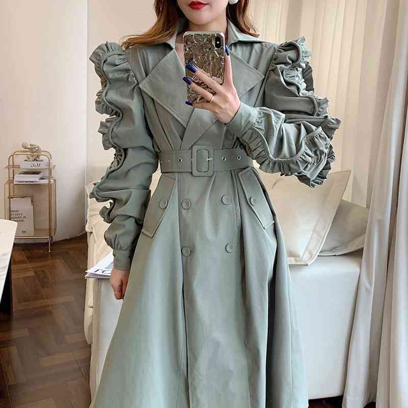 Korean Patchwork Ruffle Windbreaker For Women Lapel Long Sleeve Sashes Black Casual Trench Female Fashion Spring 210524