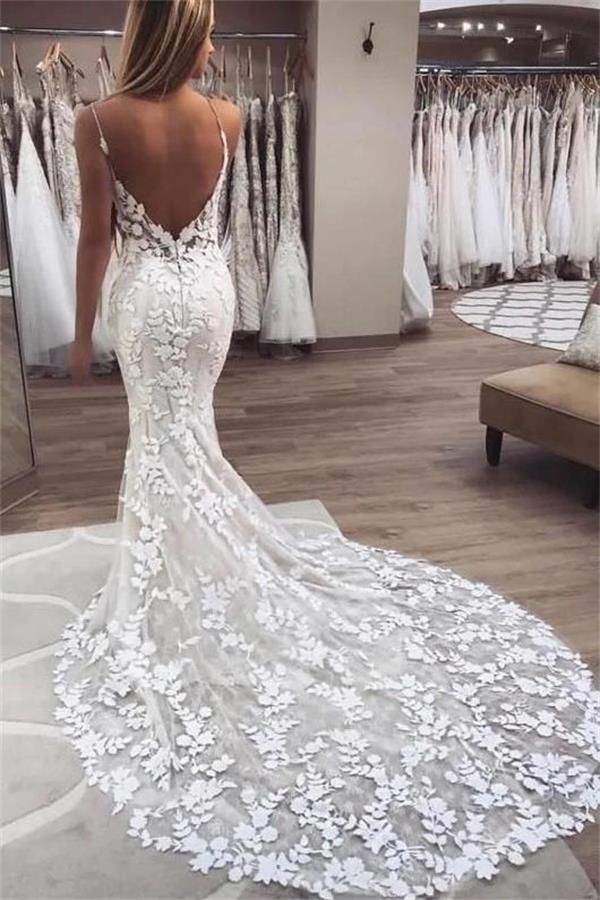 Spaghetti Straps Mermaid Wedding Dress Floral Lace Applique Backless V Neck Sweep Train Trumpet Bridal Gowns Modern