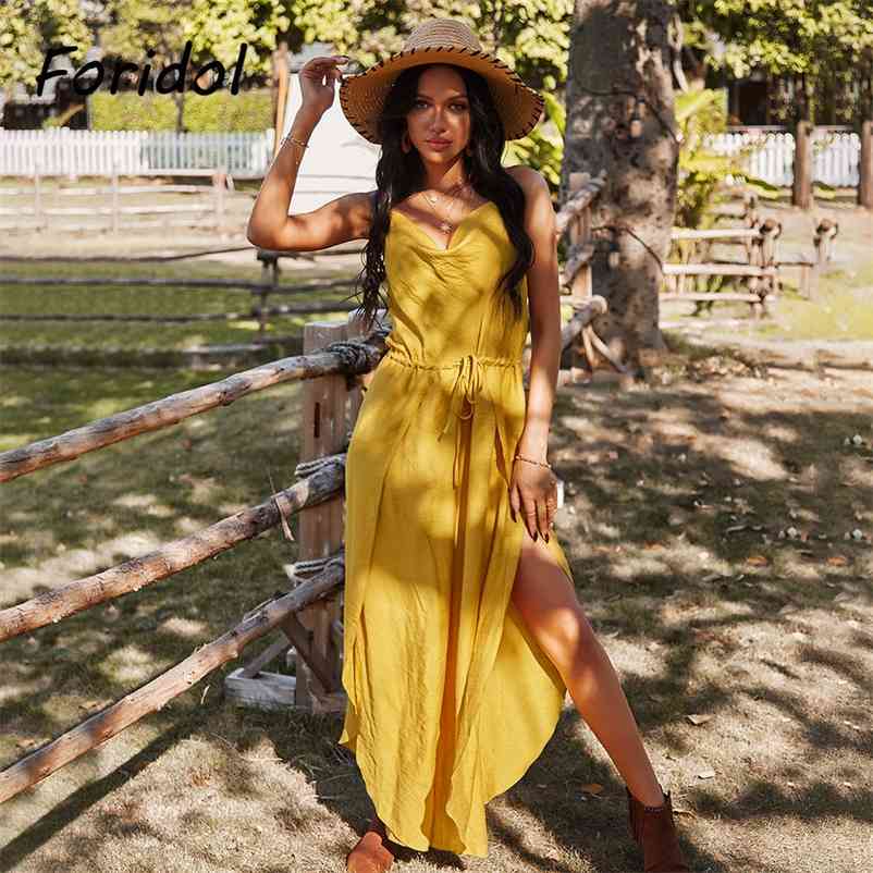 Foridol Drapped Neck Strap Wide Leg Loose Jumpsuits Romper Playsuits Women Summer Casual Beach Slit Yellow Cotton Overalls 210415