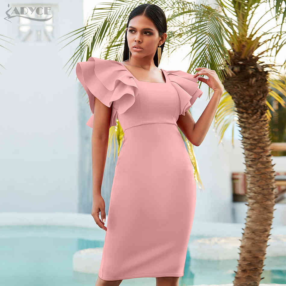 Summer Red Ruffles Celebrity Evening Party Dress Women Sexy Short Sleeve Strapless Blue Pink Club Vestidos 210423