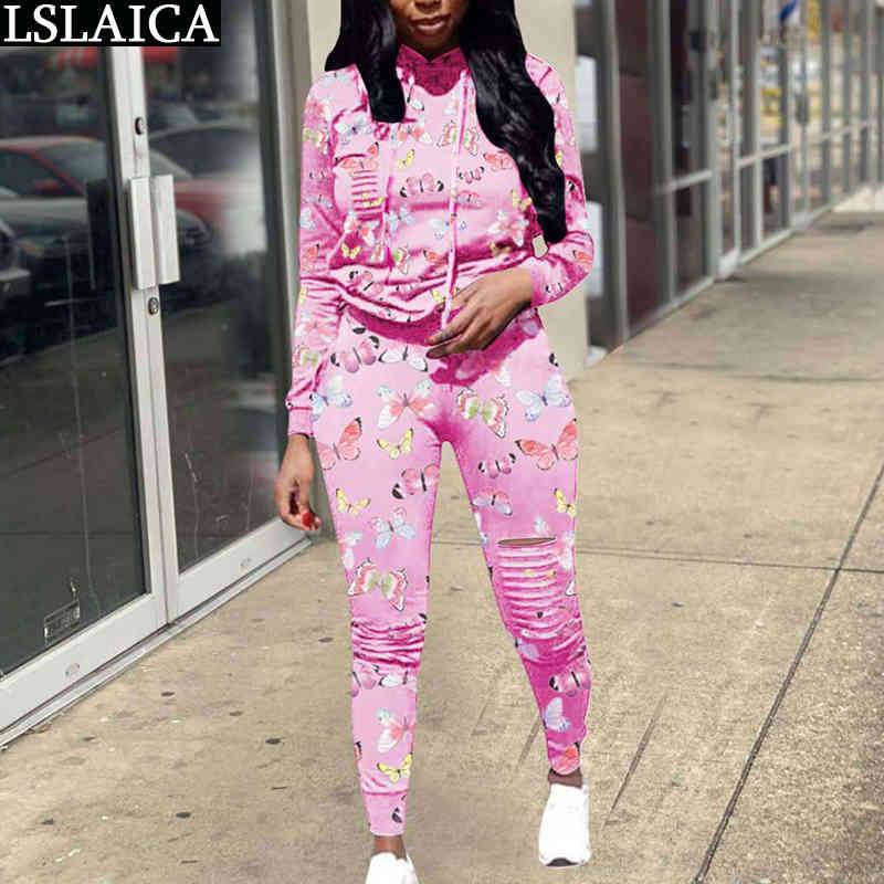 Fashion Two Piece Set Tracksuit Women Autumn Long Sleeve Hooded Sweatshirt Tops Hole Pants Sports Suit 210515