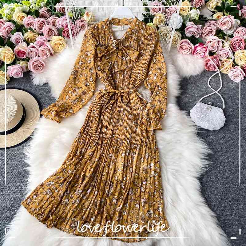 Autumn Casual Loose Pleated Chiffon Floral Print Dress A Line V Neck Full High Waist Tie Up Women Party Dress 210521