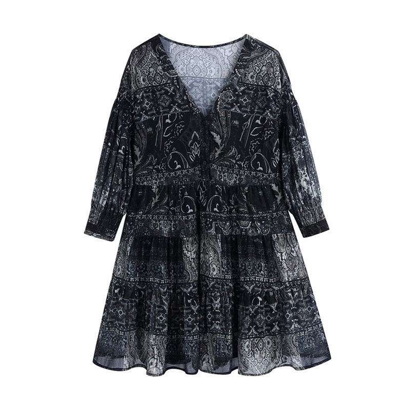 Vintage Woman Black Ruffles Seethrough Chiffon Mini Dress Spring Fashion Ladies V Neck Dresses Female Print 210515