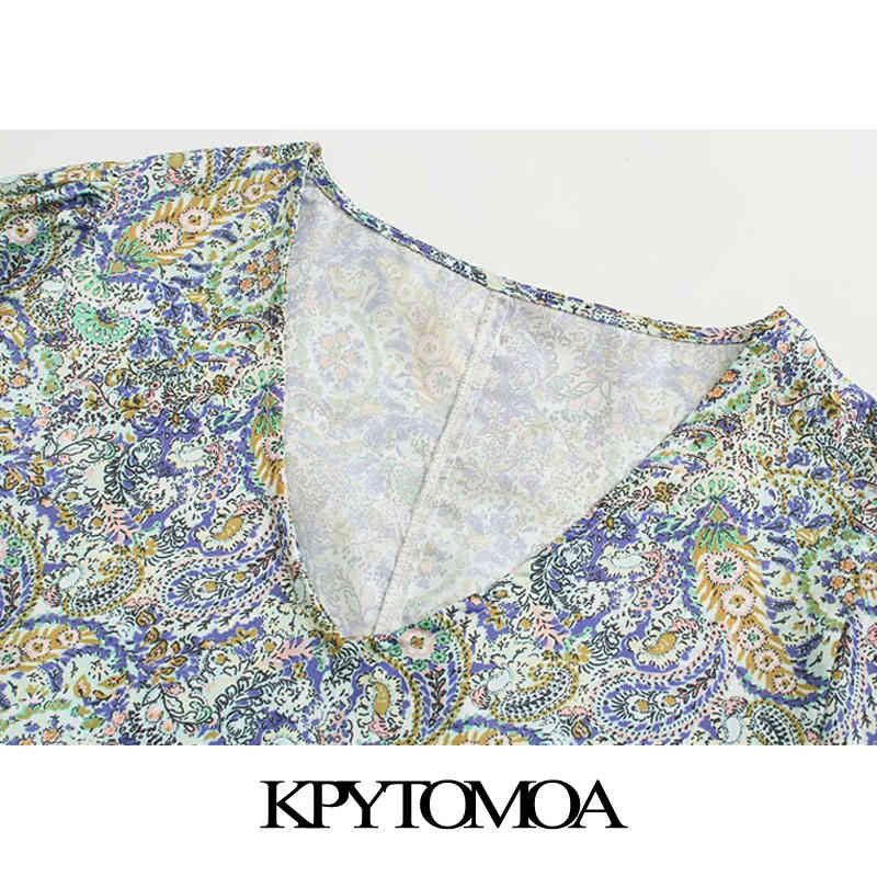 Women Chic Fashion Paisley Print Ruffled Mini Dress V Neck Three Quarter Sleeve Female Dresses Vestidos 210420