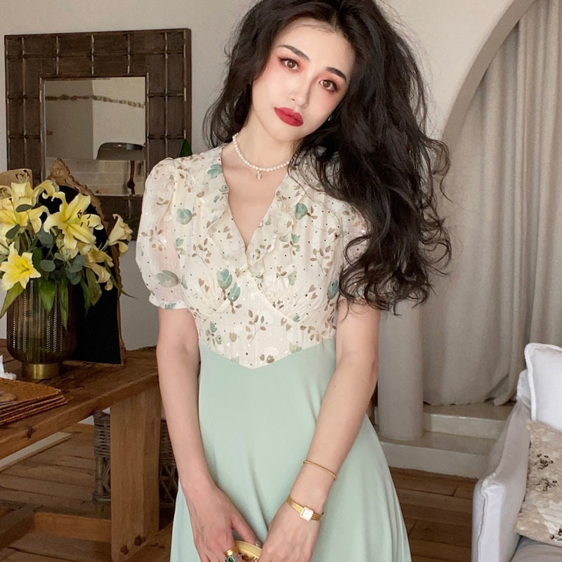 Dress Korean Short Sleeve Thin Elegant Dresss Women Casual Floral Printed Midi Dress Female Office Lady Summer 210521