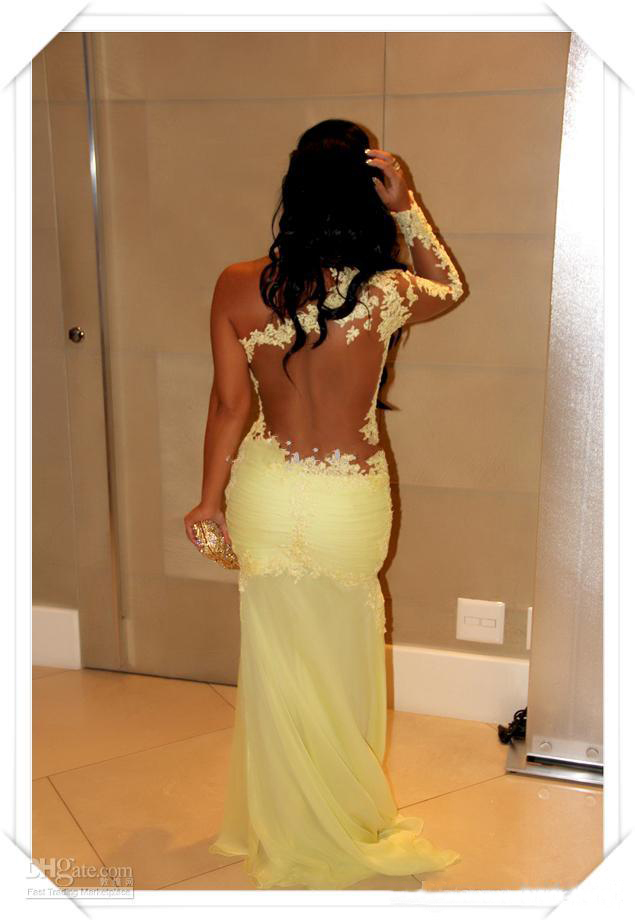 Yellow Mermaid Oscar Lace Sleeve Prom Sheer Chiffon Evening Gowns Long Celebrity Red Carpet Dresses One Shoulder Neckline