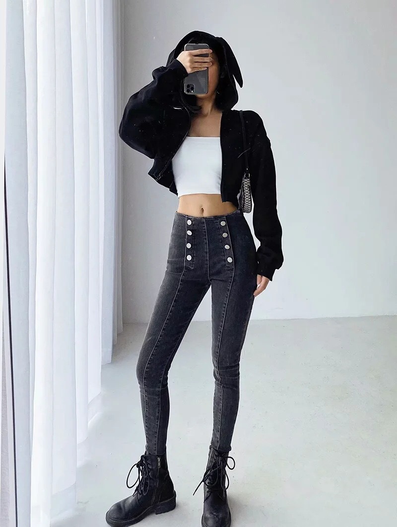 Skinny Double-breasted Four Buttons High Waist Pencil Jeans Women Slim Fit Stretch Denim Pants Full Length Tight Trousers 210429