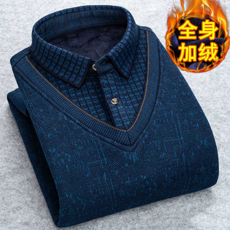 Autumn Winter Man Fleece Shirt-collar Sweater Fashion Grid Solid Thicken Warm Sweater Male Plus Velvet thicken Sweater M-3XL 211008