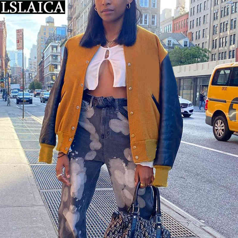 Women Clothing Patchwork Long Sleeve Fashion Arrival Leather Jacket Button Pocket Streetwear Casual Plus Size Mujer Chaqueta 210515