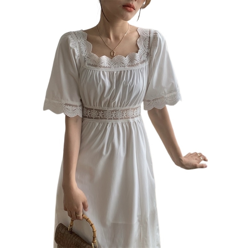Fashion women's dress summer retro heavy industry lace hollow fight receiving waist thin split for women 210520, White 
Fashion women's dress summer retro heavy industry lace hollow fight receiving waist thin split for women 210520, White