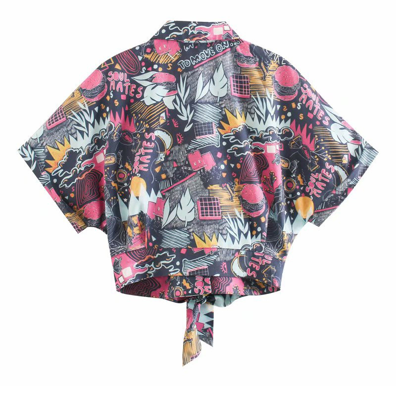Women's Shirt Bowknot Decorated Sexy Navel Harajuku Chic Female Tops Lapel Single-breasted Short Sleeve Taste Graffiti Print 210507