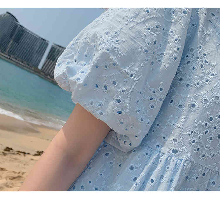 Fashion Ladies Hollow Out Embroidery Cotton Dress Summer Elegant Women Puff Sleeve Causal Boho Midi Party Robe 210519