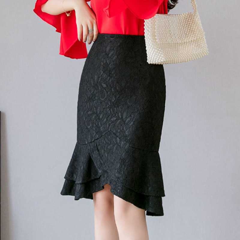 SEXMKL Plus Size White Lace Skirt Women Summer High Waist Black s Sexy Office Lady Ruffles Pencil Jupe Femme 210621