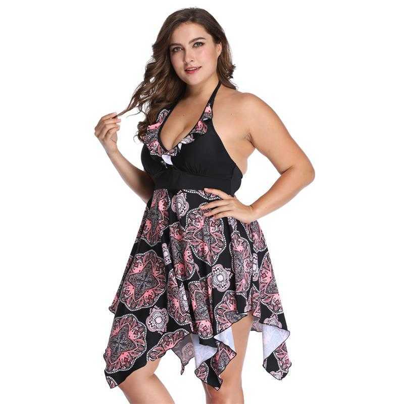 Plus Size Swimsuit Tankini Set Swimwear 6XL Women Swim 2 Piece Print Large Big Breasts Halter Bathing Suit Beachwear Swimdress 210625