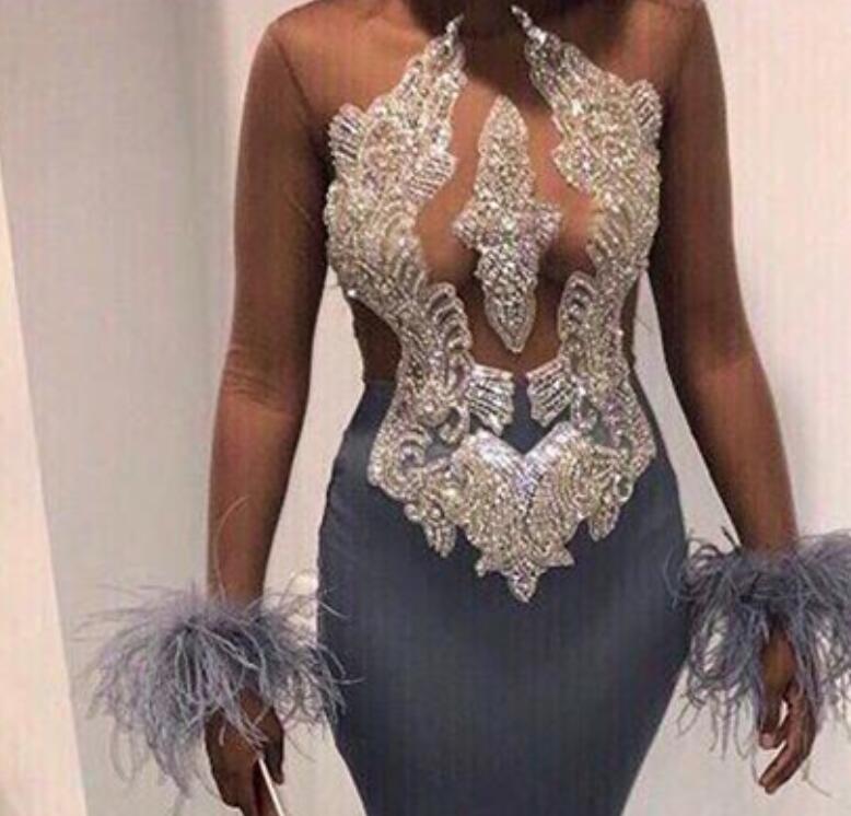 2021 Plus Size Arabic Aso Ebi Grey Luxurious Mermaid Prom Dresses Beaded Crystals Sheer Neck Evening Formal Party Second Reception Gowns Dress ZJ467