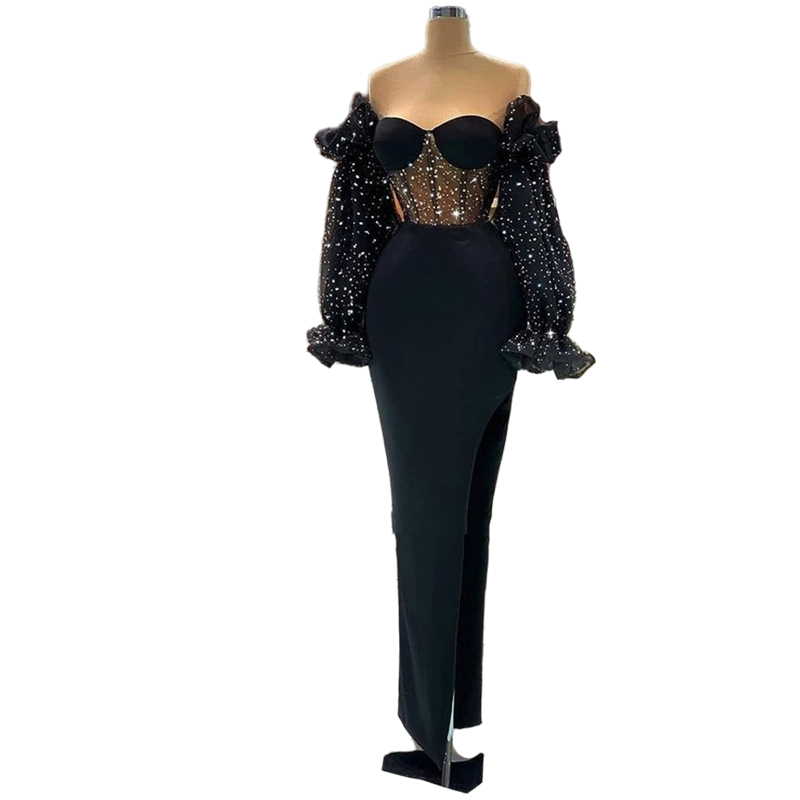 2022 Sparkly Black Sheath Formal Evening Dresses Illusion Corset Long Sleeve Night Prom Dress Sweetheart Off Shoulder Exposed Boning High Slit Pageant