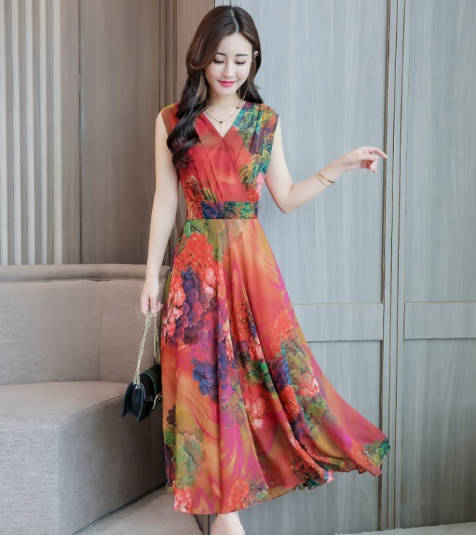 Chiffon Dress Summer Printed slim Female V Neck Sleeveless Bohemia Long Dresses Plus Size 210519