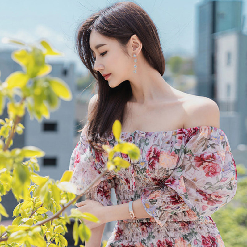 Korean Style Square Collar Puff Sleeve Chiffon Dress Women Floral Print Slim Waist Vintage es Fashion Summer Pleated 210506