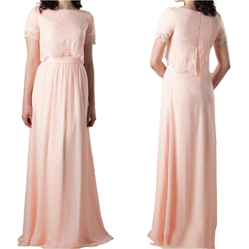 Rustic Pink Chiffon Bridesmaid Dress A Line Floor Length Short Sleeve Boho Beach Bridesmaids Formal Dresses Top Lace Crew Neck Summer Wedding Guest Go