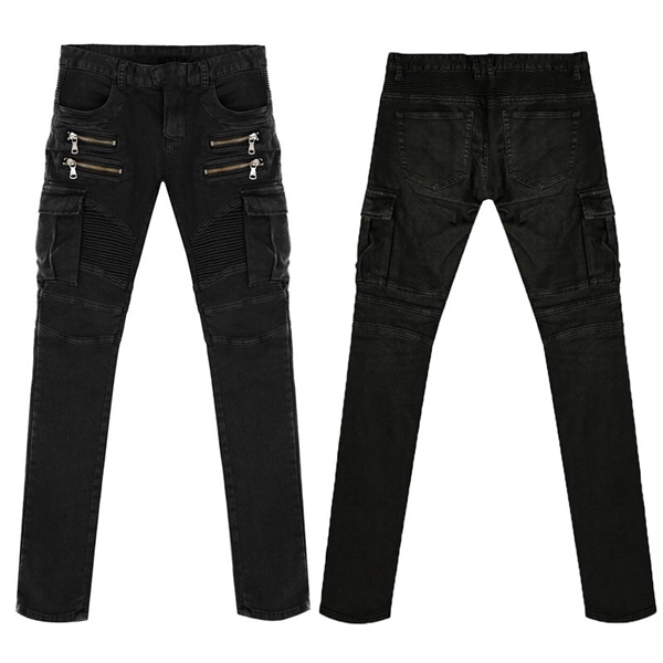 Mens Skinny Runway Distressed slim elastic jeans hiphop Washed Green Black Zipper Pockets Denim Biker Pencil Solid jeans X0621 - view 6