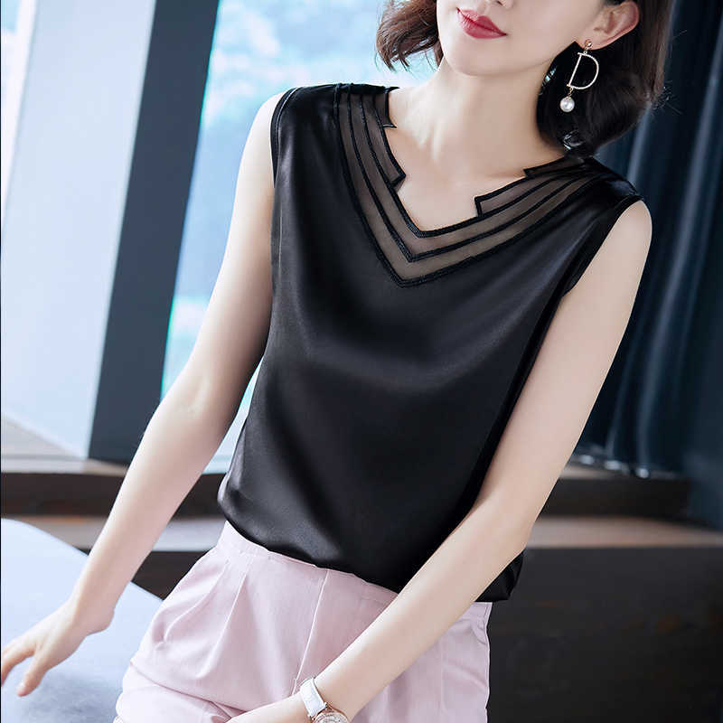 Korean Fashion Silk Tank Top Women Satin Office Lady Mesh Solid Black Cami Plus Size XXXL/5XL Clothing for 210531