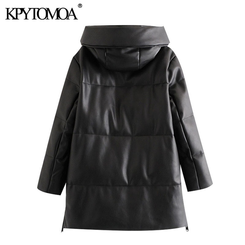Women Fashion Thick Warm Winter Faux Leather Parkas Coat Hooded Long Sleeve Female Outerwear Chic Overcoat 210420